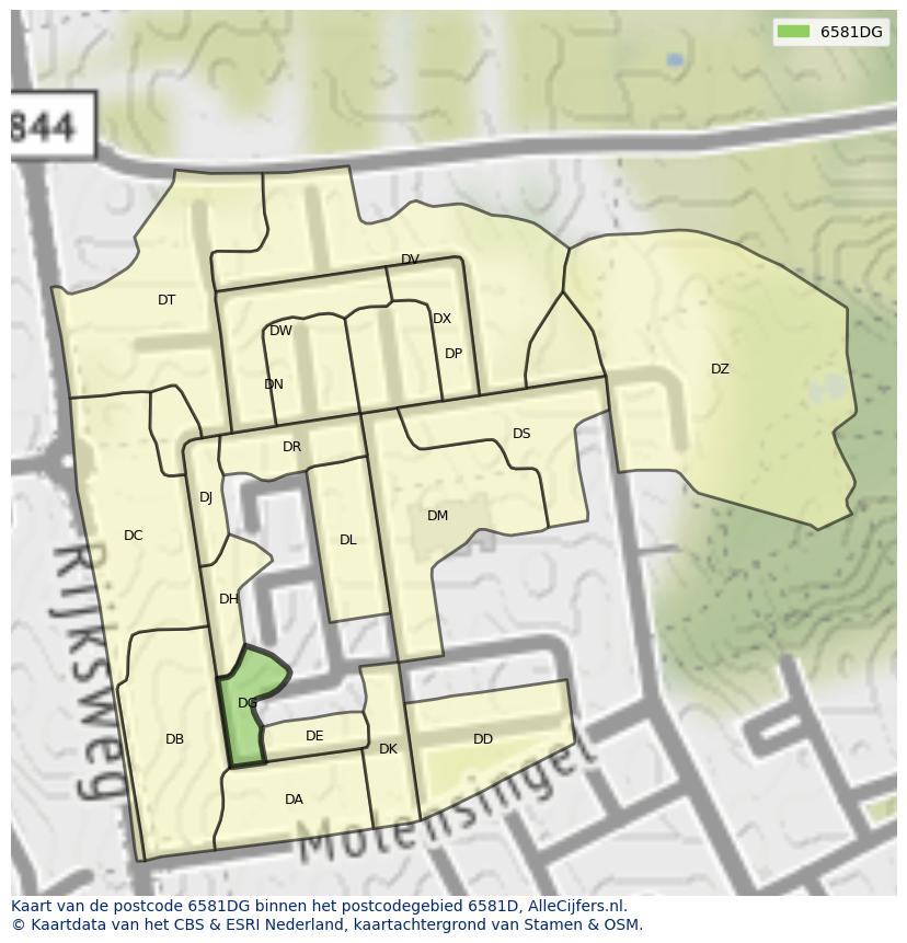 Afbeelding van het postcodegebied 6581 DG op de kaart.