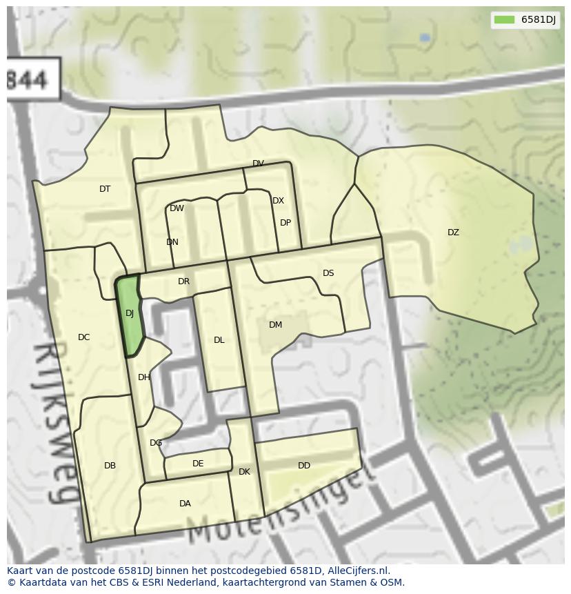 Afbeelding van het postcodegebied 6581 DJ op de kaart.
