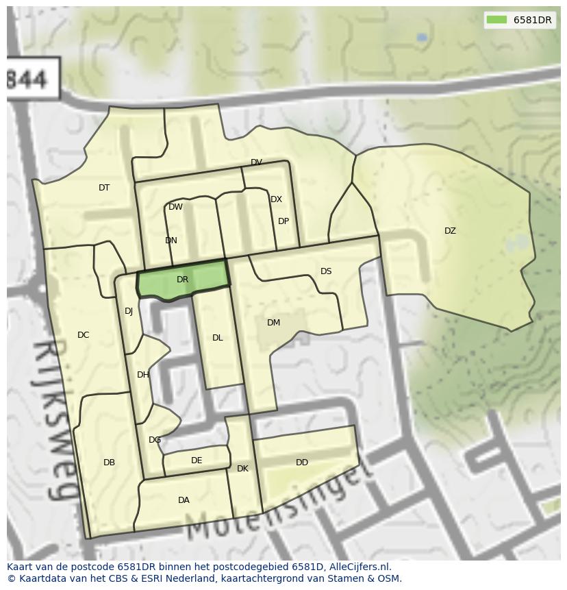 Afbeelding van het postcodegebied 6581 DR op de kaart.