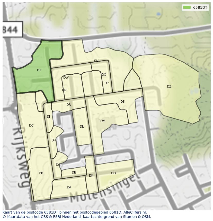 Afbeelding van het postcodegebied 6581 DT op de kaart.