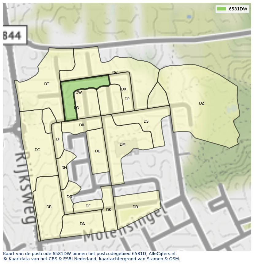 Afbeelding van het postcodegebied 6581 DW op de kaart.