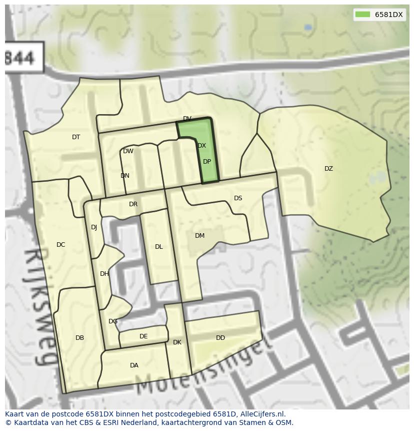 Afbeelding van het postcodegebied 6581 DX op de kaart.
