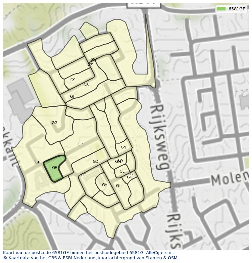 Afbeelding van het postcodegebied 6581 GE op de kaart.