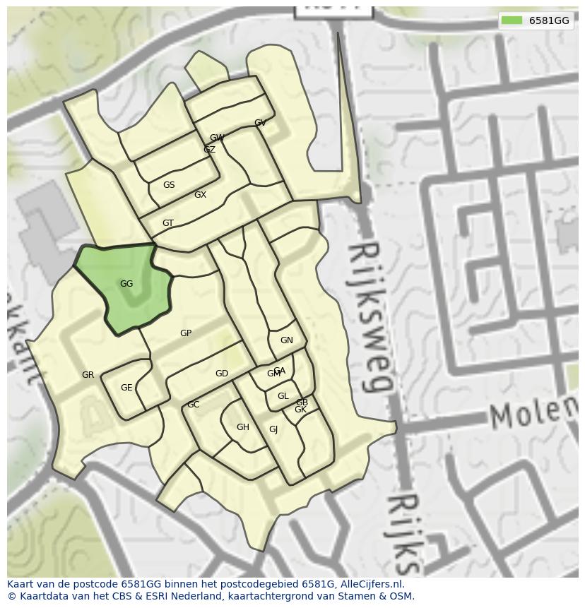 Afbeelding van het postcodegebied 6581 GG op de kaart.