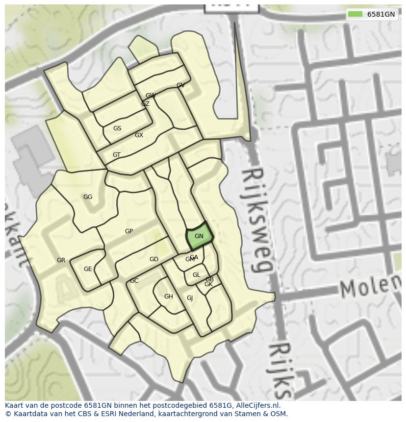 Afbeelding van het postcodegebied 6581 GN op de kaart.