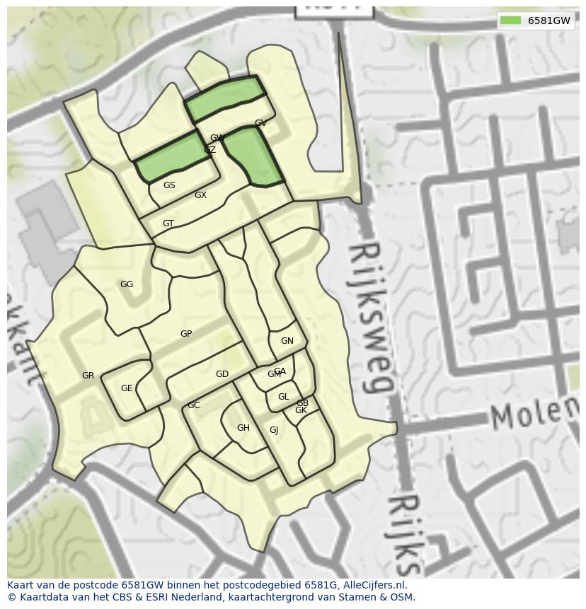Afbeelding van het postcodegebied 6581 GW op de kaart.