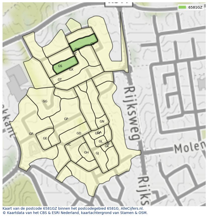 Afbeelding van het postcodegebied 6581 GZ op de kaart.