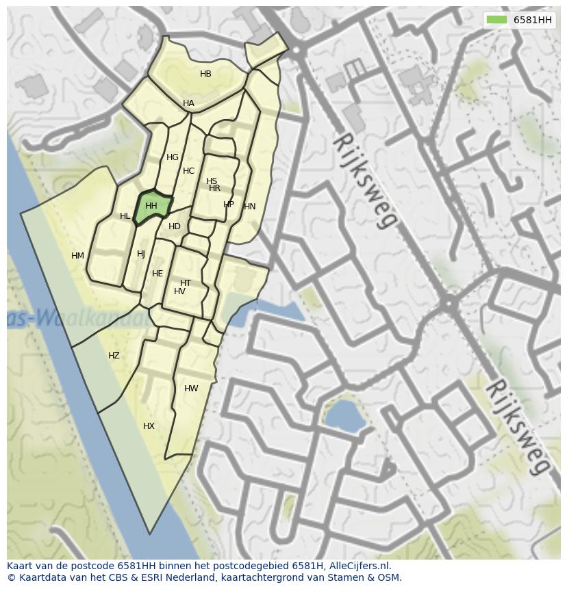 Afbeelding van het postcodegebied 6581 HH op de kaart.