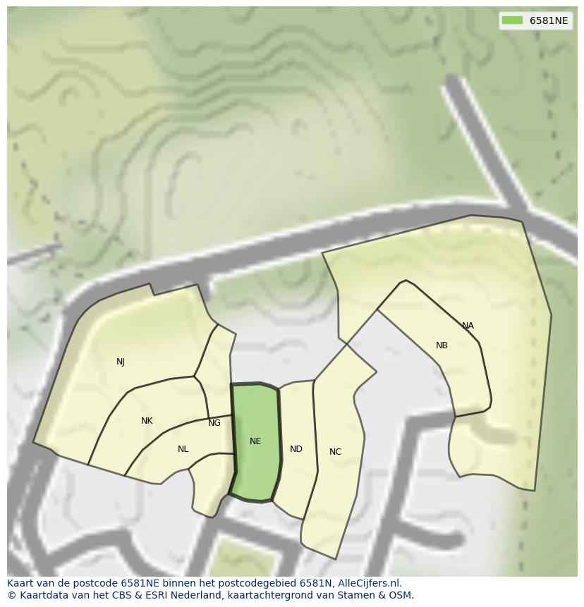 Afbeelding van het postcodegebied 6581 NE op de kaart.