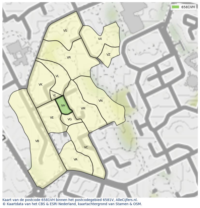 Afbeelding van het postcodegebied 6581 VH op de kaart.