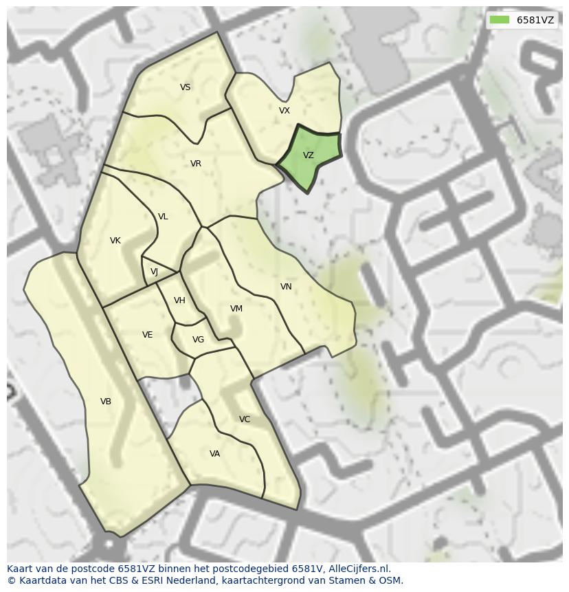 Afbeelding van het postcodegebied 6581 VZ op de kaart.