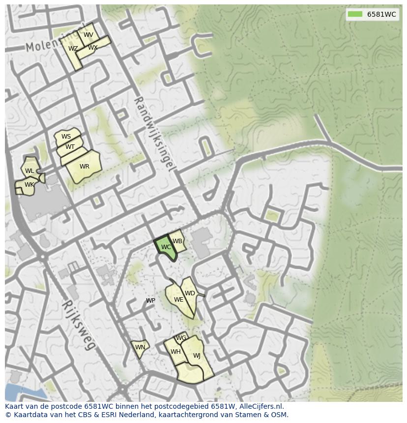 Afbeelding van het postcodegebied 6581 WC op de kaart.