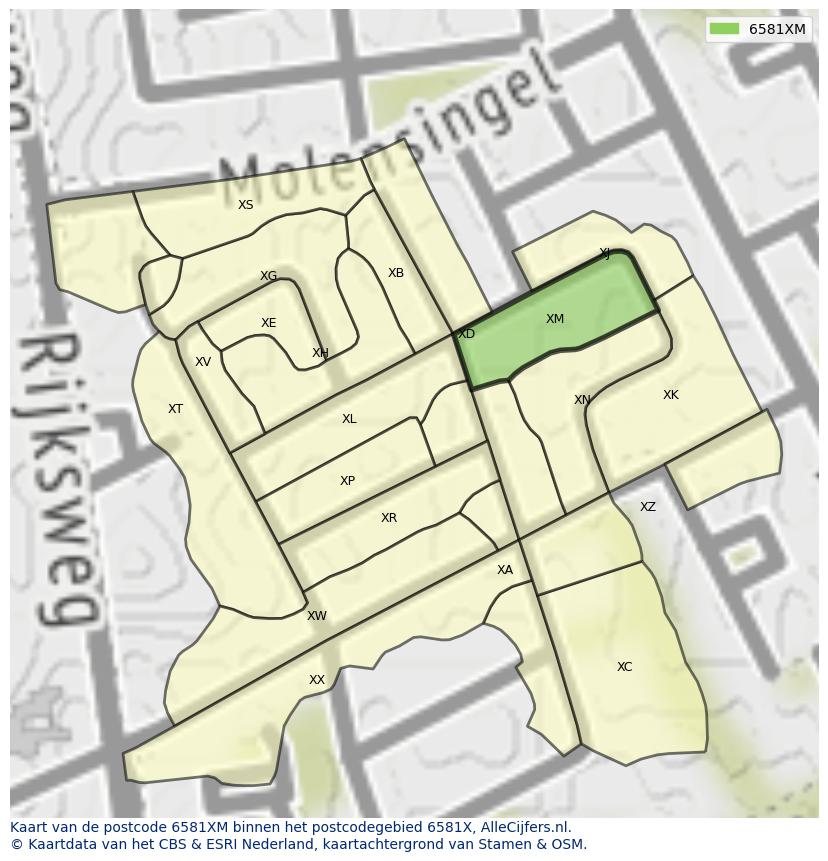 Afbeelding van het postcodegebied 6581 XM op de kaart.