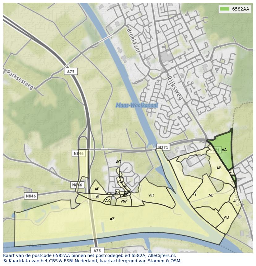 Afbeelding van het postcodegebied 6582 AA op de kaart.