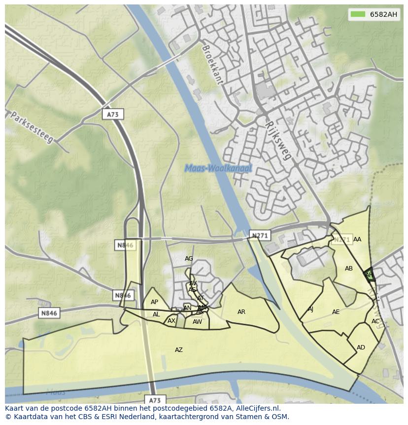 Afbeelding van het postcodegebied 6582 AH op de kaart.