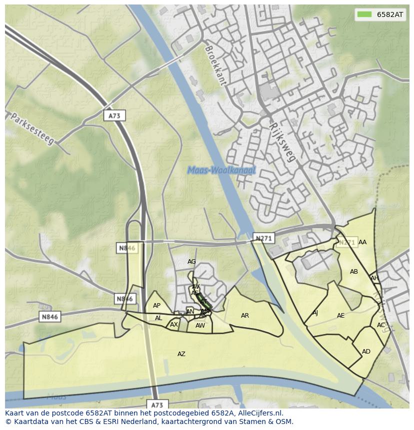 Afbeelding van het postcodegebied 6582 AT op de kaart.
