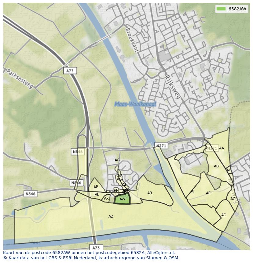 Afbeelding van het postcodegebied 6582 AW op de kaart.