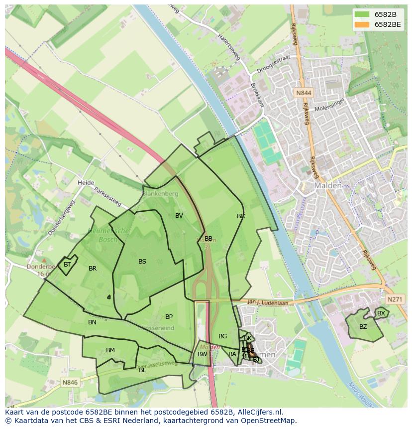 Afbeelding van het postcodegebied 6582 BE op de kaart.