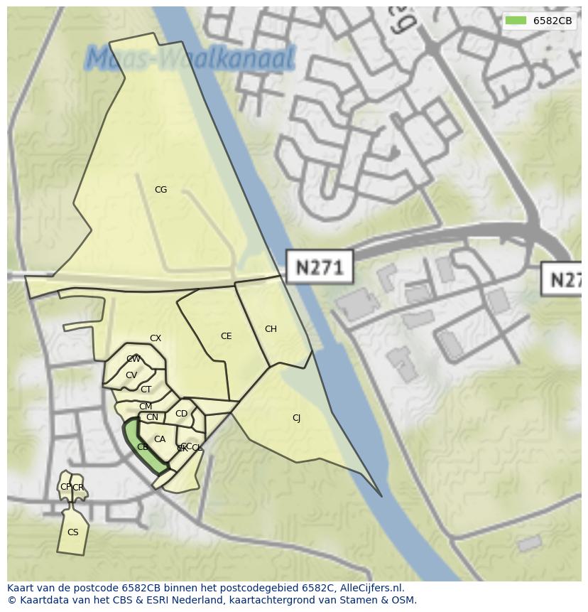 Afbeelding van het postcodegebied 6582 CB op de kaart.