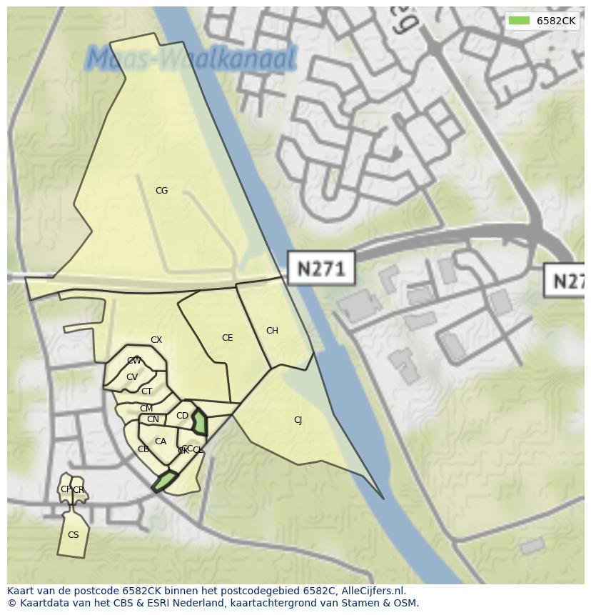 Afbeelding van het postcodegebied 6582 CK op de kaart.