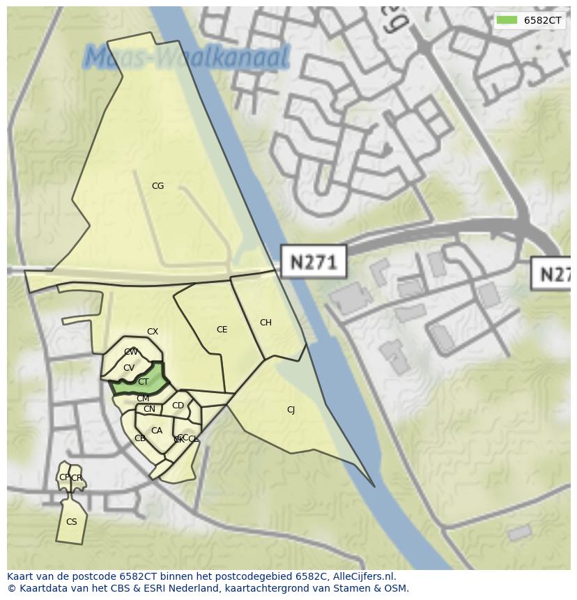 Afbeelding van het postcodegebied 6582 CT op de kaart.