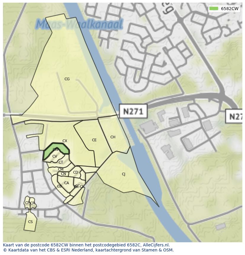 Afbeelding van het postcodegebied 6582 CW op de kaart.