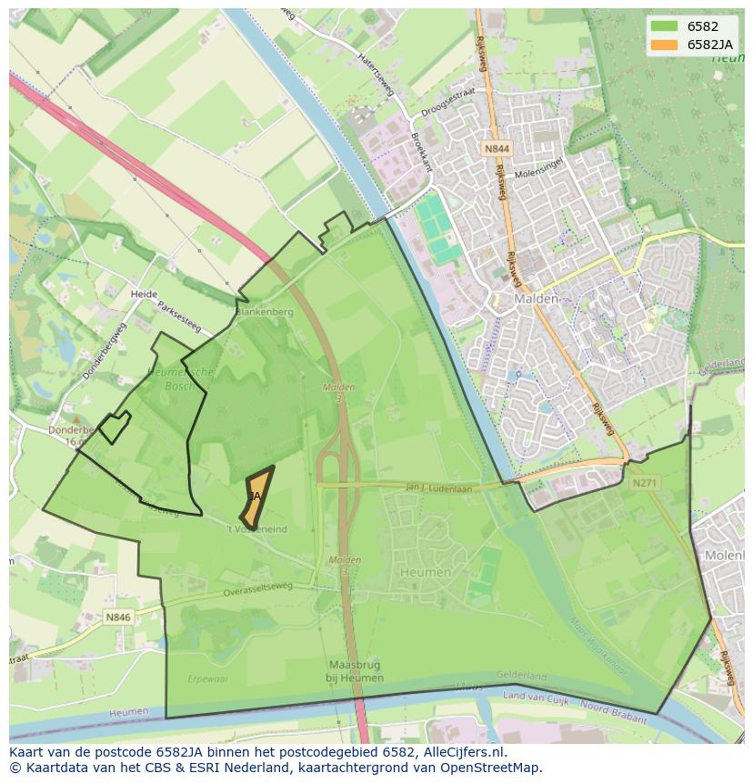Afbeelding van het postcodegebied 6582 JA op de kaart.