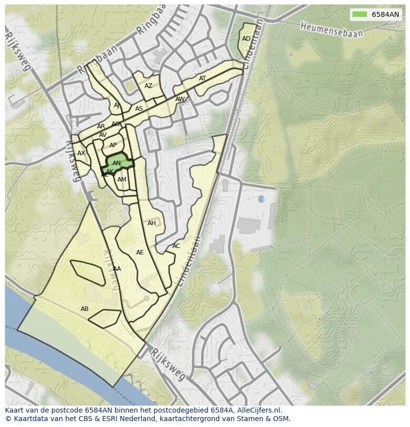 Afbeelding van het postcodegebied 6584 AN op de kaart.