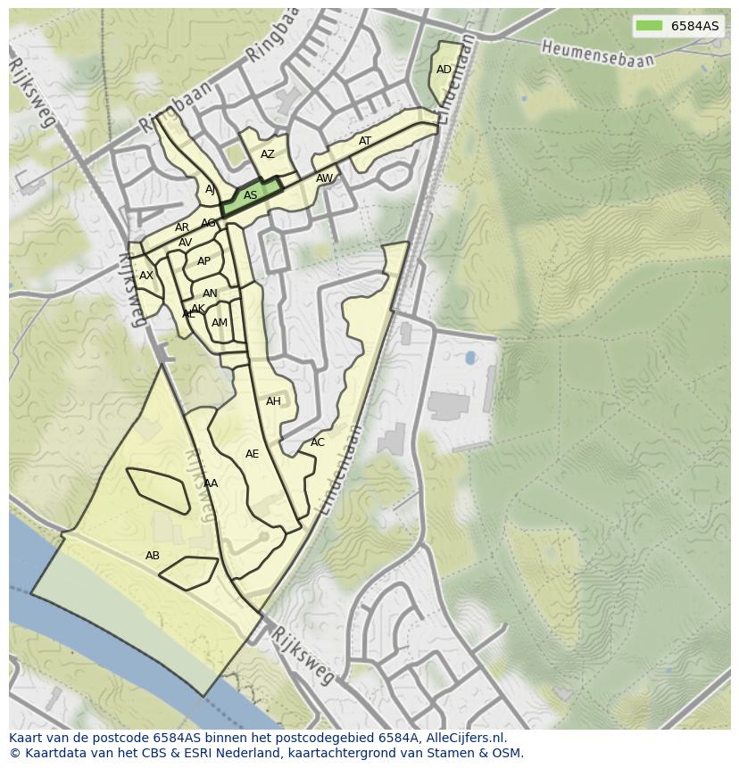 Afbeelding van het postcodegebied 6584 AS op de kaart.