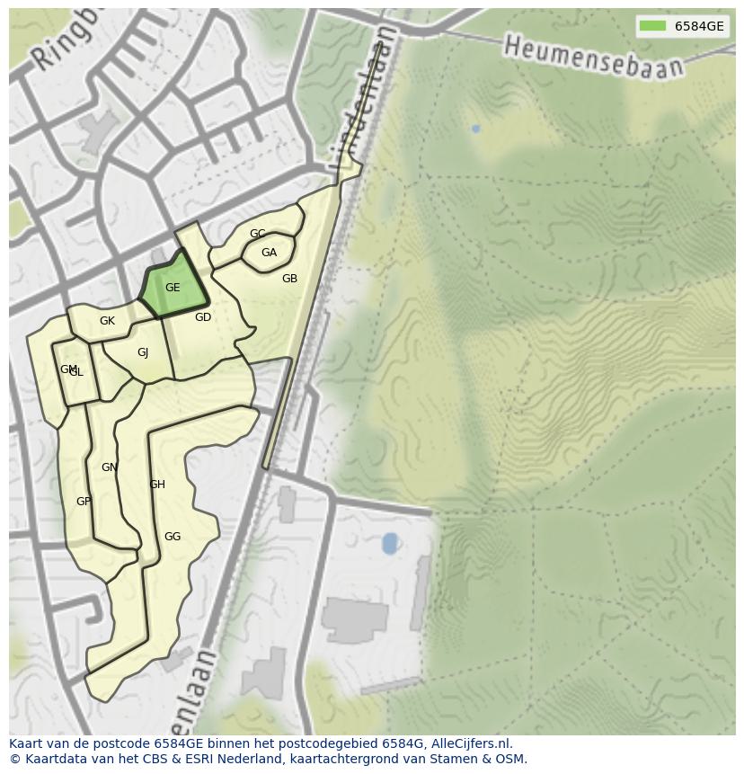 Afbeelding van het postcodegebied 6584 GE op de kaart.