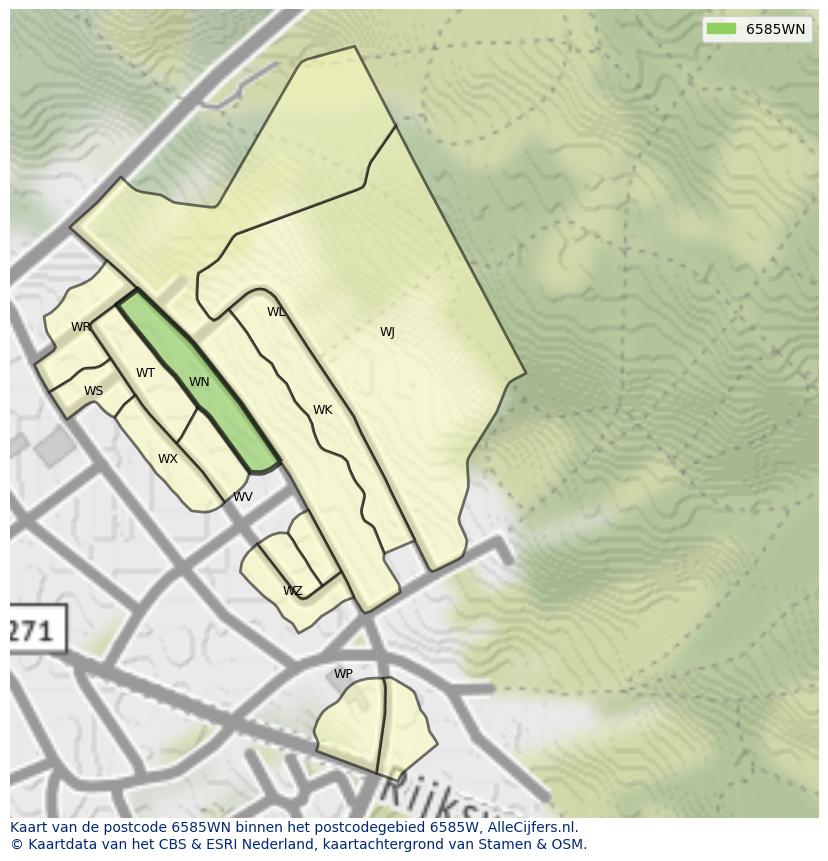 Afbeelding van het postcodegebied 6585 WN op de kaart.