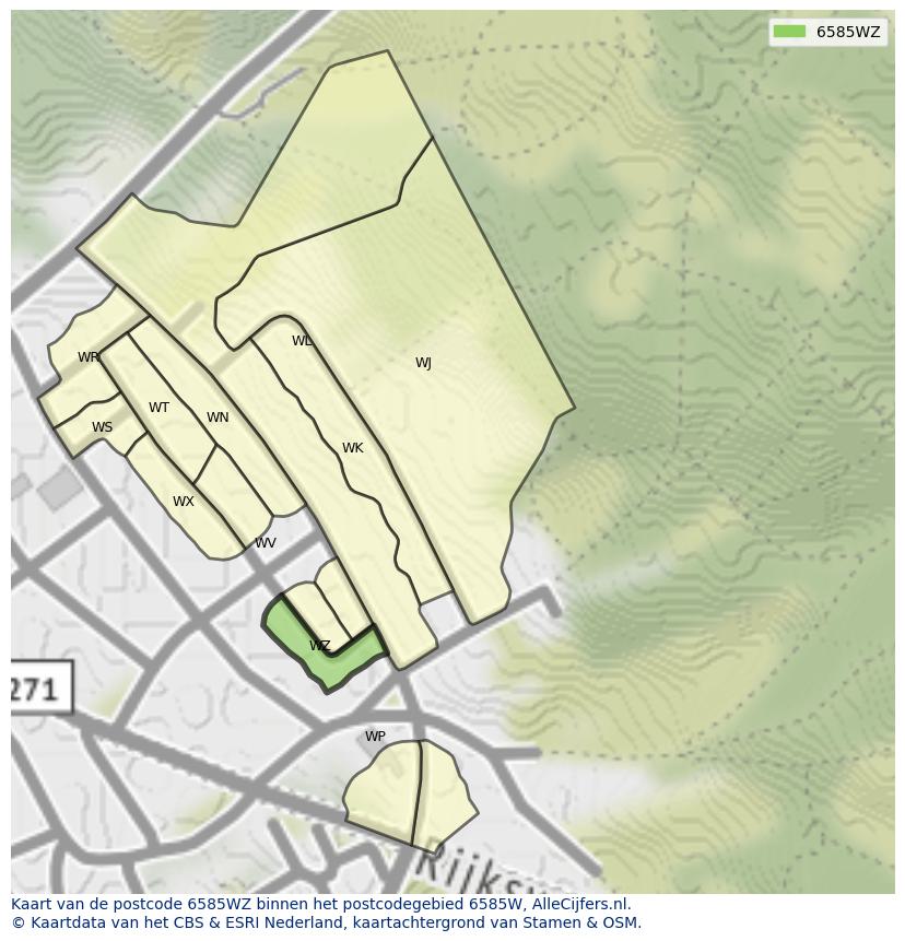 Afbeelding van het postcodegebied 6585 WZ op de kaart.