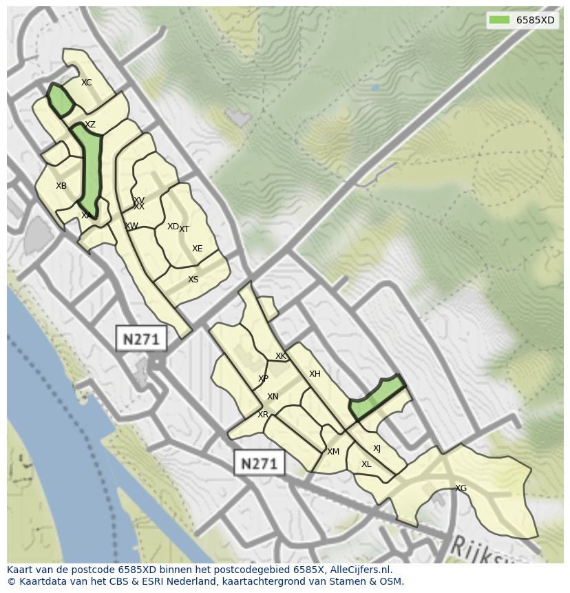 Afbeelding van het postcodegebied 6585 XD op de kaart.