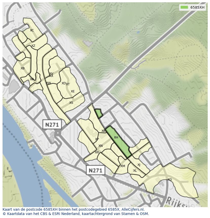 Afbeelding van het postcodegebied 6585 XH op de kaart.