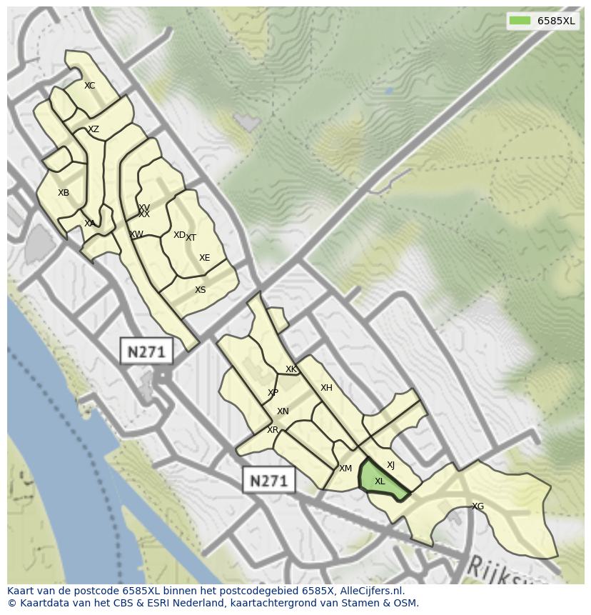 Afbeelding van het postcodegebied 6585 XL op de kaart.