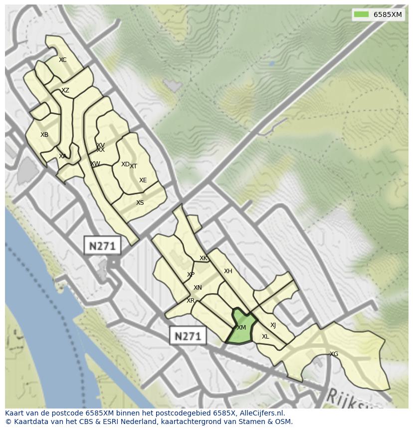 Afbeelding van het postcodegebied 6585 XM op de kaart.