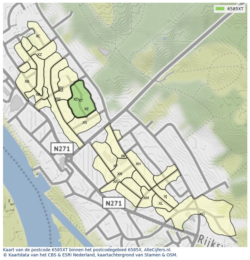 Afbeelding van het postcodegebied 6585 XT op de kaart.