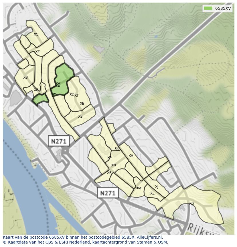 Afbeelding van het postcodegebied 6585 XV op de kaart.