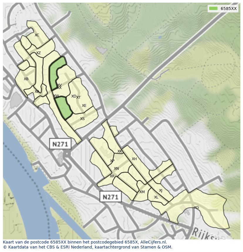 Afbeelding van het postcodegebied 6585 XX op de kaart.