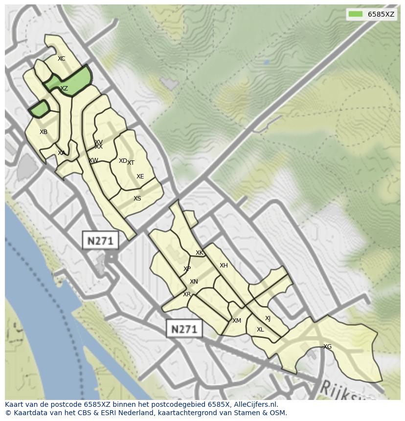Afbeelding van het postcodegebied 6585 XZ op de kaart.