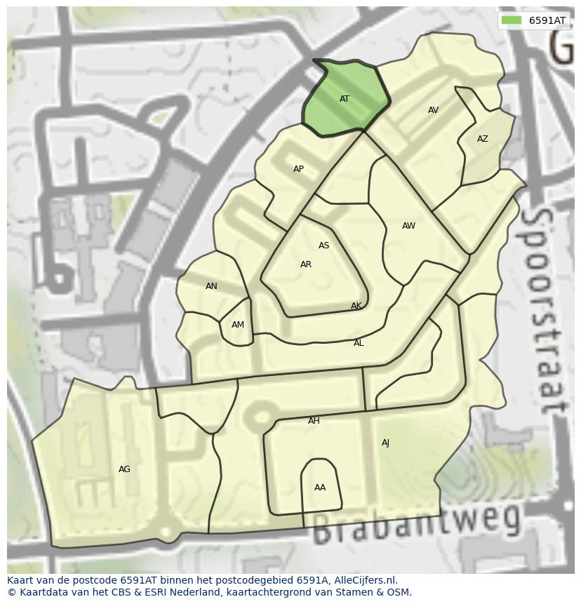 Afbeelding van het postcodegebied 6591 AT op de kaart.