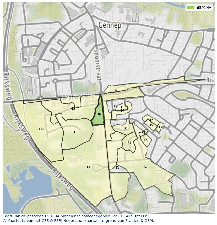 Afbeelding van het postcodegebied 6591 HA op de kaart.