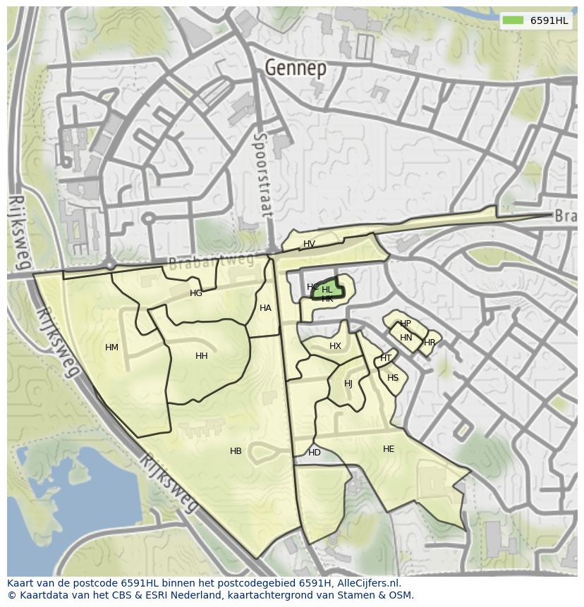 Afbeelding van het postcodegebied 6591 HL op de kaart.