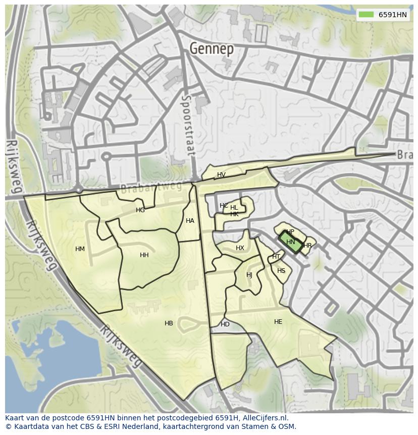 Afbeelding van het postcodegebied 6591 HN op de kaart.