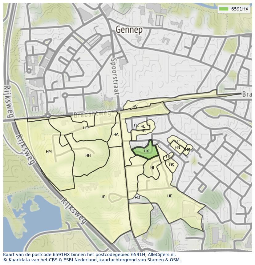 Afbeelding van het postcodegebied 6591 HX op de kaart.