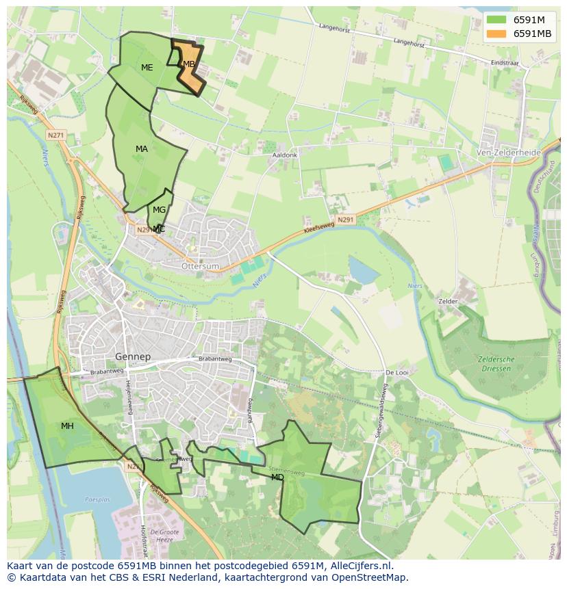 Afbeelding van het postcodegebied 6591 MB op de kaart.