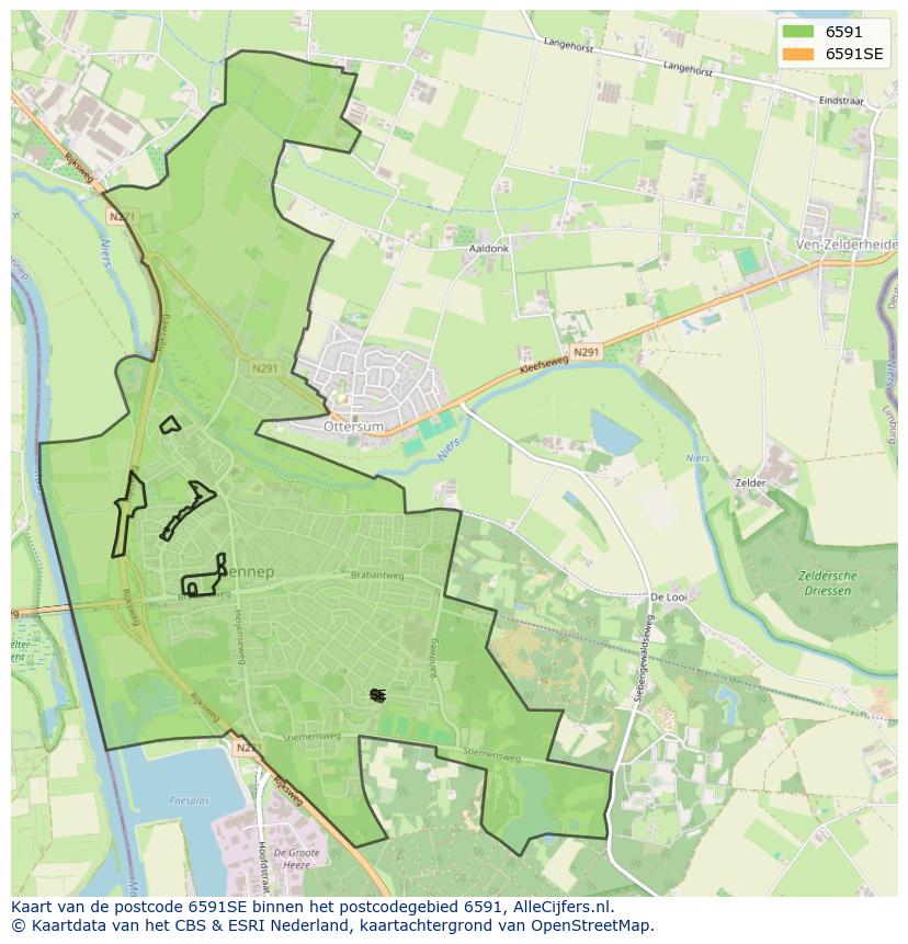 Afbeelding van het postcodegebied 6591 SE op de kaart.