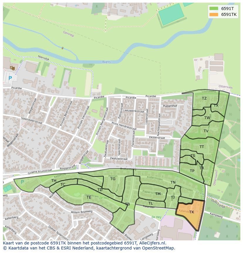 Afbeelding van het postcodegebied 6591 TK op de kaart.