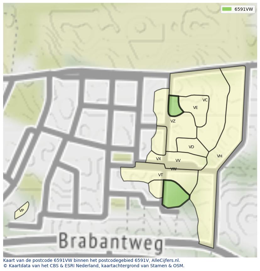 Afbeelding van het postcodegebied 6591 VW op de kaart.