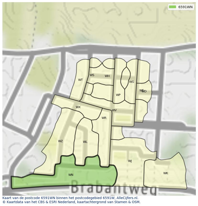 Afbeelding van het postcodegebied 6591 WN op de kaart.